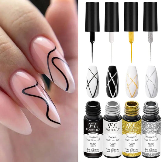 4pcs Nail Liner Gel Polish Kit Black White Gold Silver DIY Nail Supplies Vernis Manicure Design UV/LED Drawing Painting Gel Glue