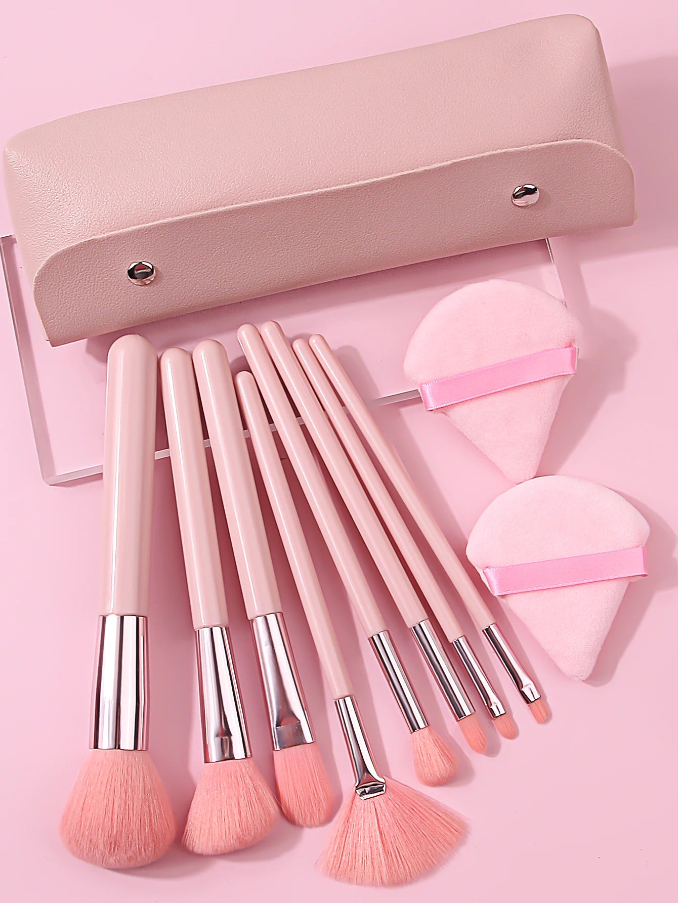 8pcs pink makeup brush set,high-quality bristles foundation brush,blush brush,eyeshadow brush+2PCS makeup sponge with storagebag