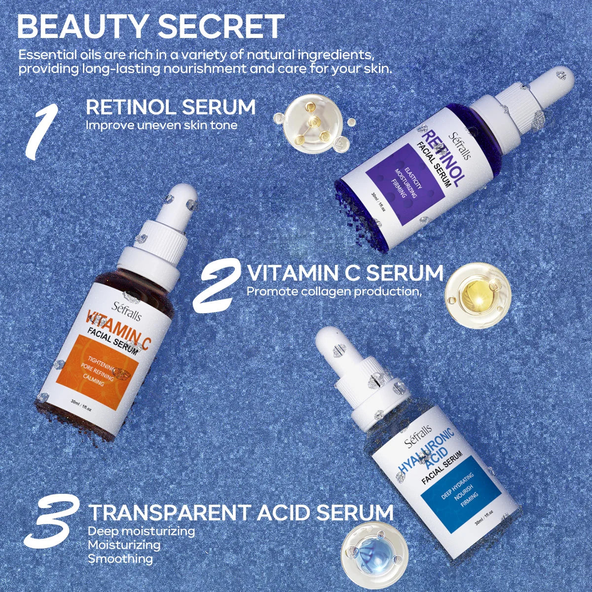 Séfralls Hyaluronic Acid VC  Essence Set 30ml*3pcs With Vitamin-C Vitamin-A and Hyaluronic Acid Serum For Glistening, Firming Hy