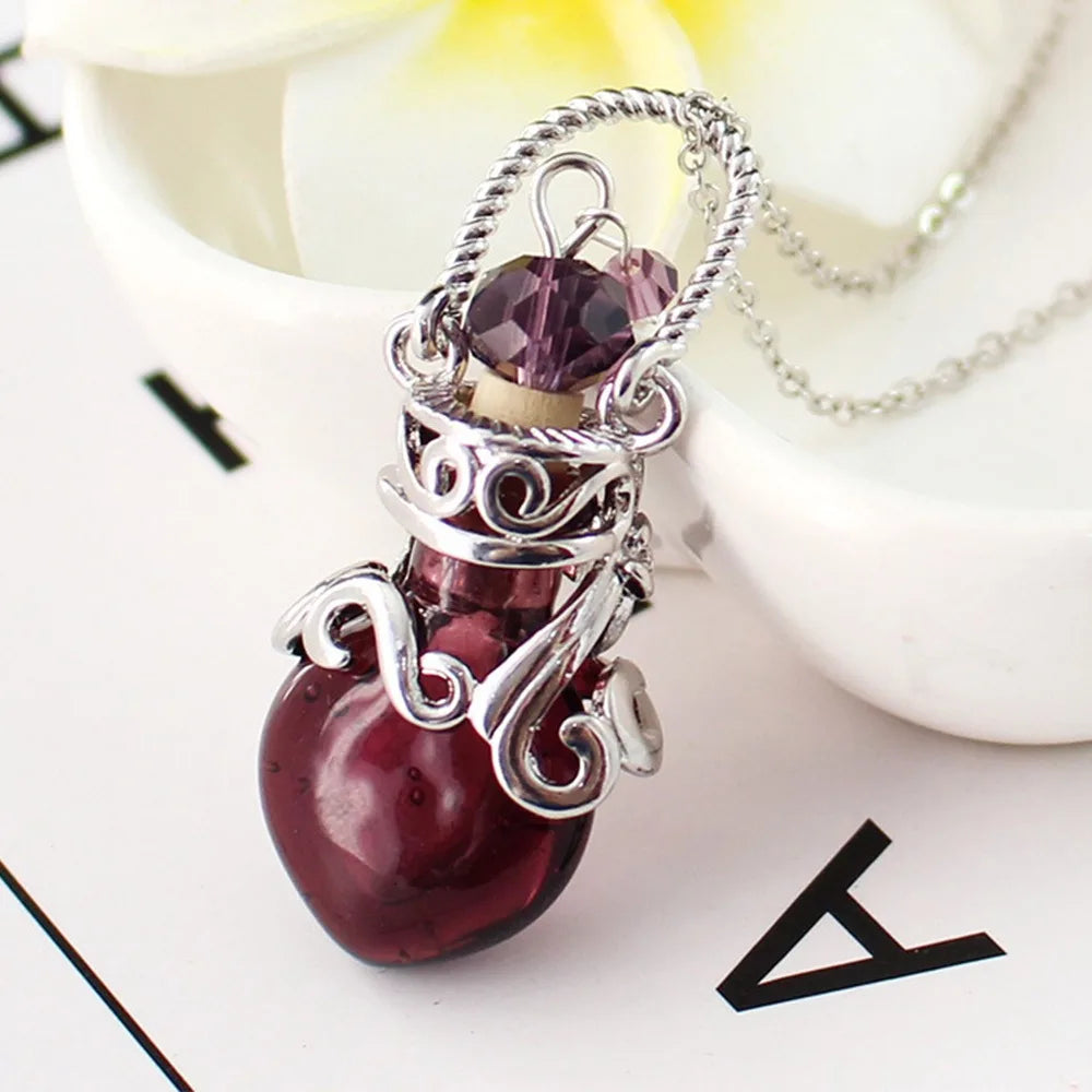 Multicolor Perfume Vial Necklace Glass Vial Heart Shape Wishing Bottle Pendant Essential Oil Diffuser Adjustable Chain Jewelry