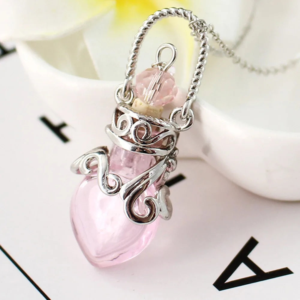Multicolor Perfume Vial Necklace Glass Vial Heart Shape Wishing Bottle Pendant Essential Oil Diffuser Adjustable Chain Jewelry